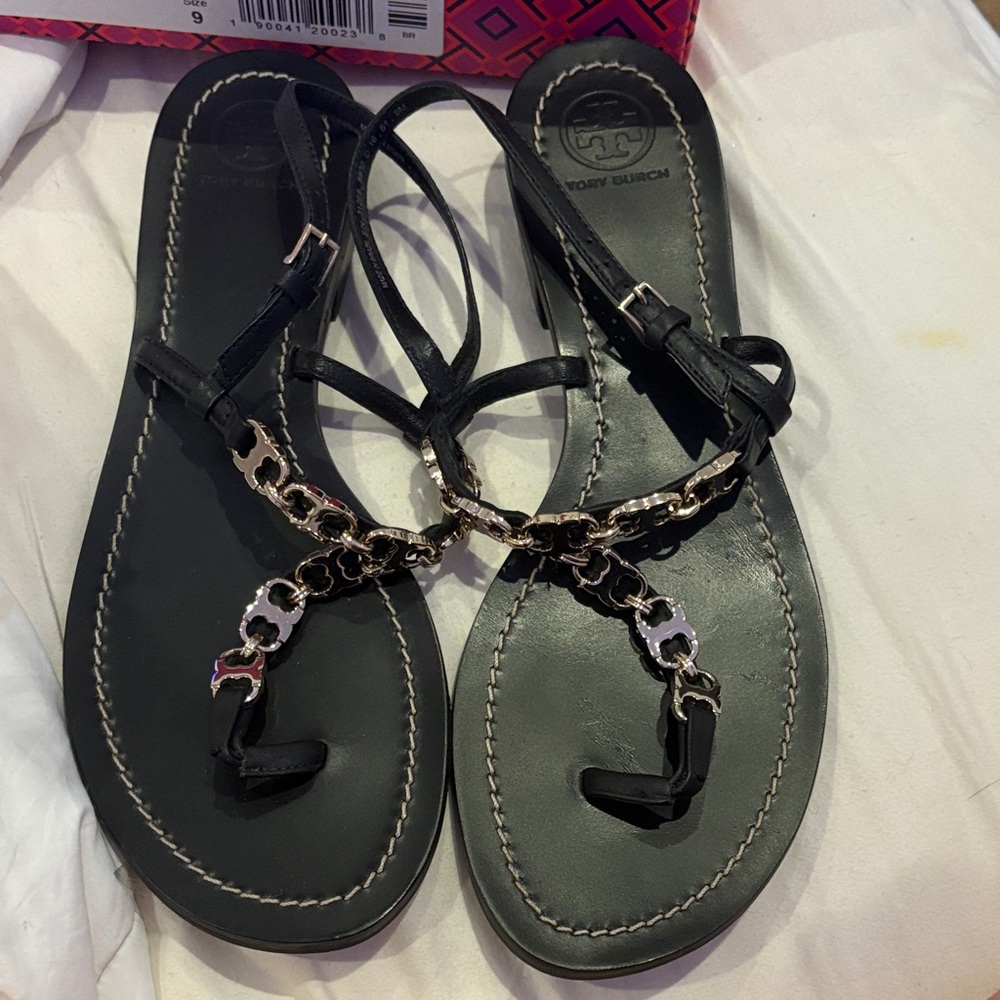 Tory Burch Black Sandals with Gold Chain Accent